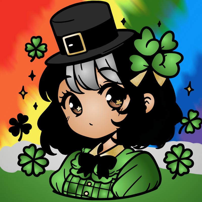 a manga-style girl with clovers around her, a little hat in her hair, like it's saint patrick's day