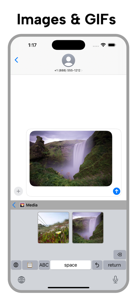 LazyBoard: Phrase Keyboard - LazyBoard custom keyboard showing saved images and GIFs for quick insertion into a mobile chat