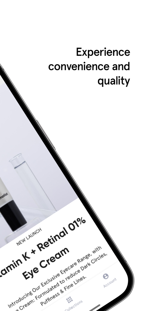 Interfaz de la app Minimalista que muestra un nuevo lanzamiento de crema para ojos con Vitamina K y Retinal.