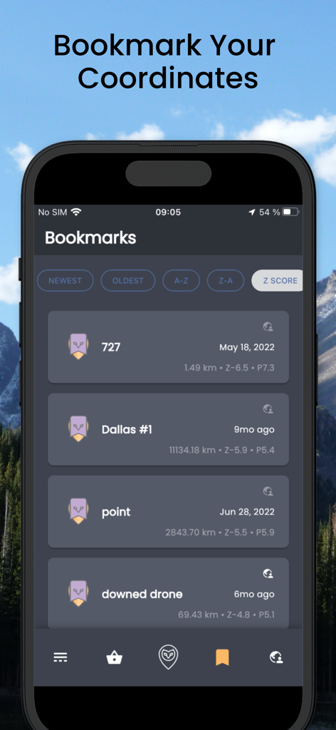 Interface de l'application mobile Randonautica montrant des lieux marqués et des points de données quantiques