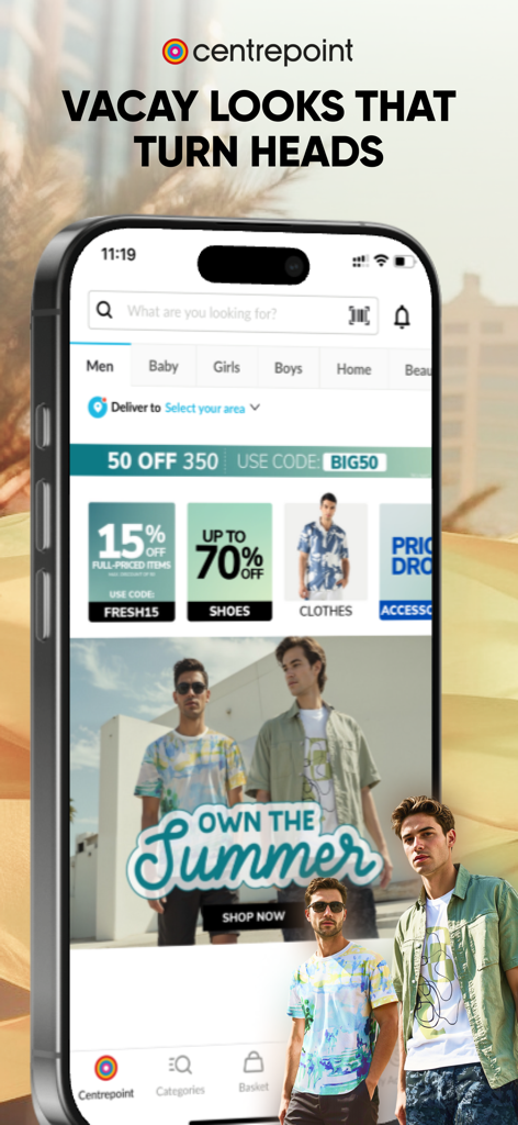 Centrepoint shopping app interface showing men's summer fashion collection and various discount promotional banners