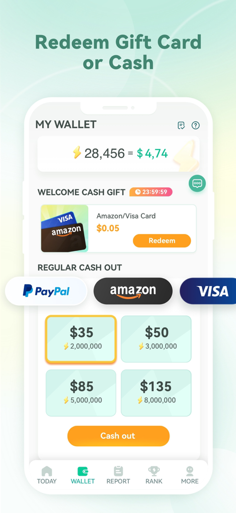 WalkBoost app wallet screen showing reward points balance and cash out options for PayPal Amazon and Visa gift cards