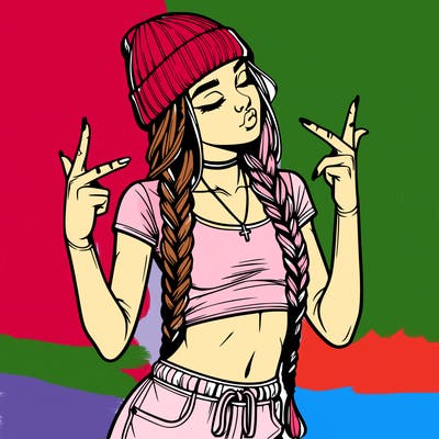realistic teenage girl with braids and a beanie and crop top doing 🫶🏼