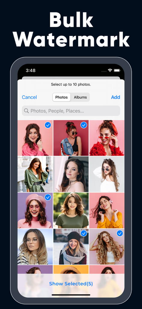 Watermark Maker & Creator Pro - Interface showing the bulk watermark feature where multiple photos are selected for batch processing