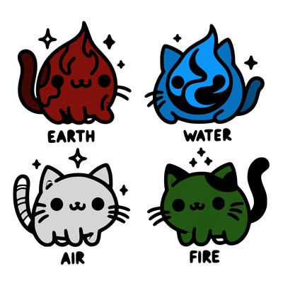 4 cats that represent the different elements, earth, water, air, and fire