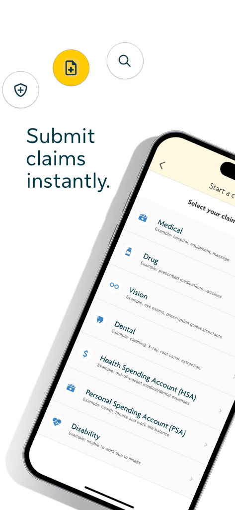 my Sun Life (Canada) - 의료, 약품, 시력 및 치과 보험금 청구 옵션이 있는 보험금 청구 제출 페이지를 보여주는 my Sun Life Canada 앱의 모바일 인터페이스.