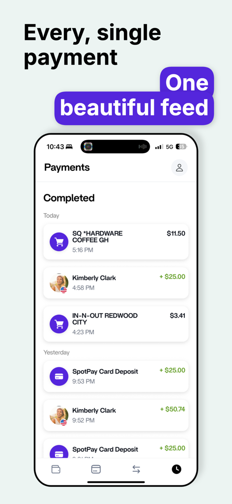 SpotPay mobile app interface displaying a transaction feed with recent payments and deposits.