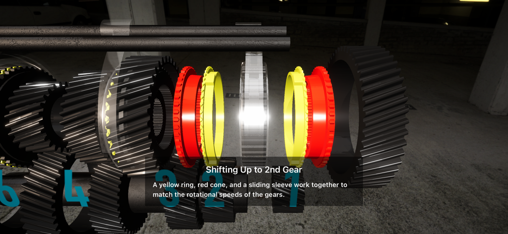Trans4motor R - Uma visualização 3D detalhada de um mecanismo de sincronizador de transmissão mudando para a segunda marcha com texto explicativo.
