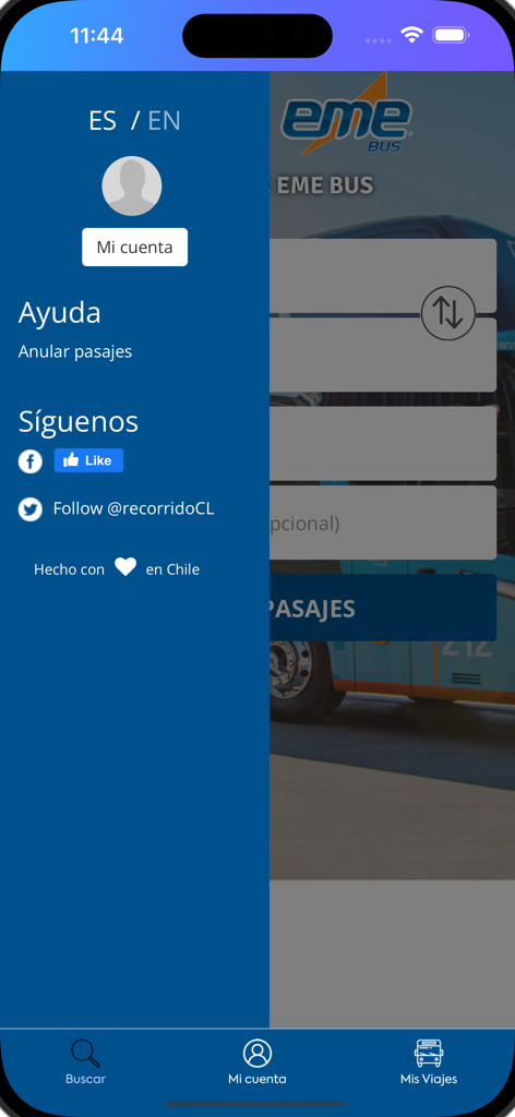 EME Bus - Menú de navegación de la aplicación EME Bus con selección de idioma y configuración de cuenta