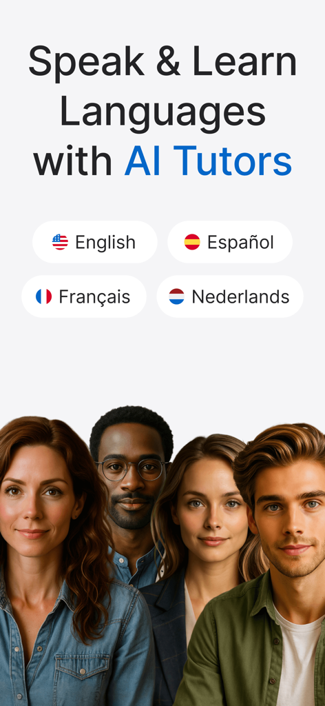 Learn Languages: Speak Avatar - Language learning app screen showing AI tutors and options for English, Spanish, French, and Dutch