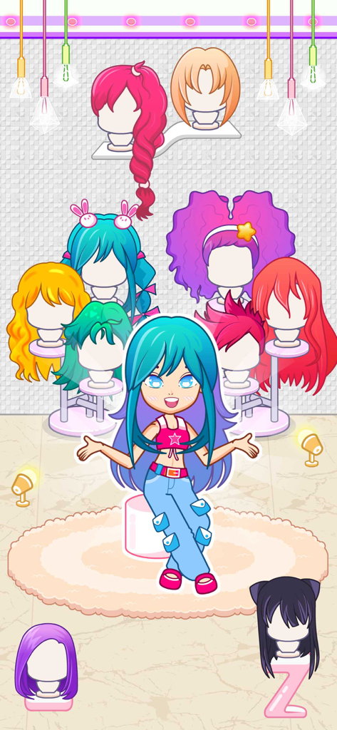 A colorful cartoon girl character surrounded by various wig options in a dress up game
