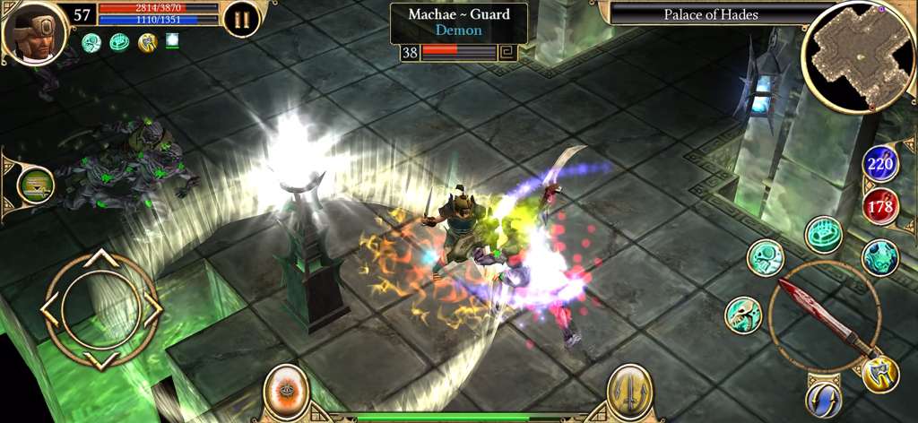 Titan Quest: Legendary Edition - Gameplay screenshot of Titan Quest Legendary Edition showing a hero battling a demon in the Palace of Hades