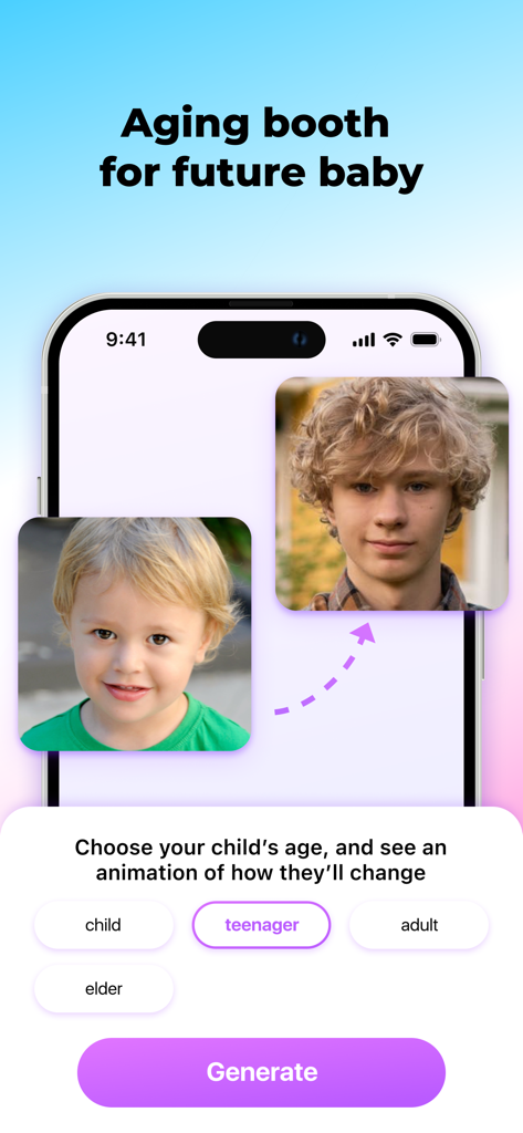 Baby Generator: AI Face Mix - A mobile app screen displaying an aging booth feature that transforms a child photo into a teenager face with age selection buttons.