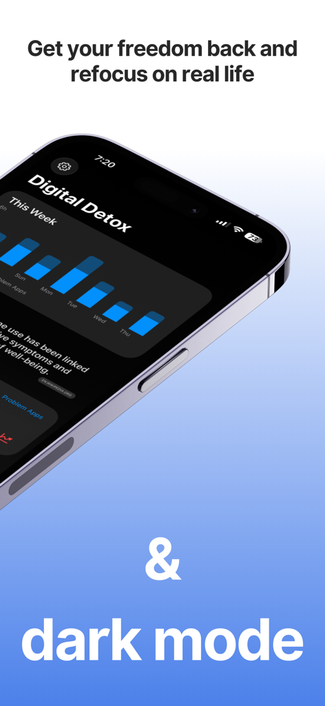 Digital Detox ADHD AppBlocker - Interfaz de la aplicación Digital Detox en modo oscuro mostrando estadísticas semanales de tiempo de pantalla y mensaje de enfoque