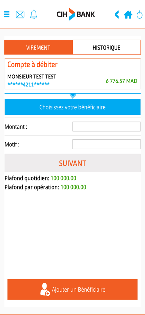 CIH MOBILE bank transfer screen showing account balance and transaction fields