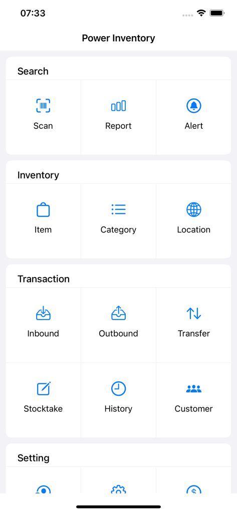Power Inventory - Cloud WMS - Main dashboard of the Power Inventory app showing management sections for scanning inventory and transactions