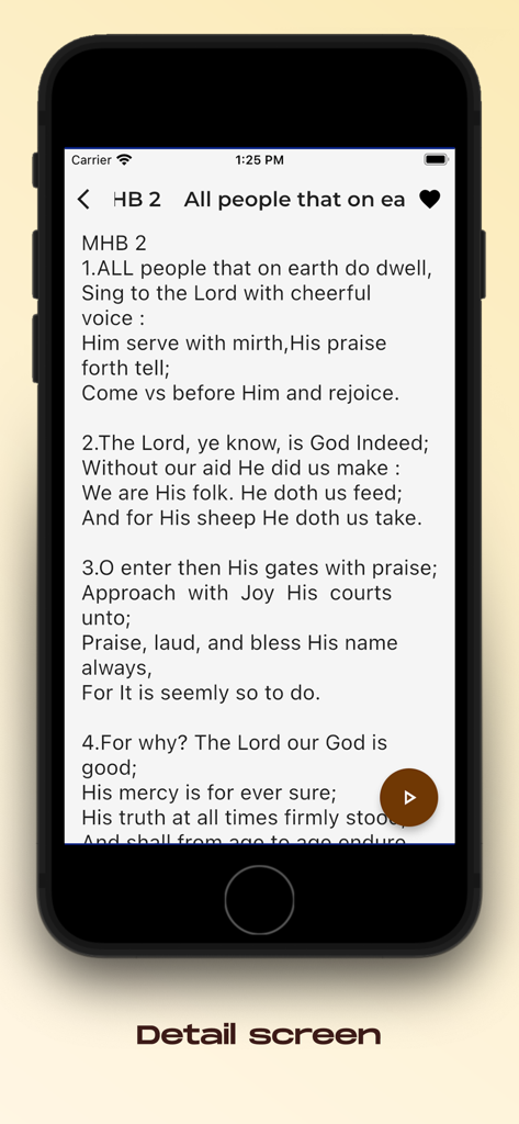 Detail screen of The Apostolic Hymns app displaying the lyrics for All People That On Earth Do Dwell