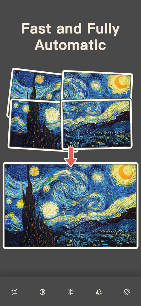 Automatic photo stitching feature combining multiple segments of an image into a single high-resolution panorama