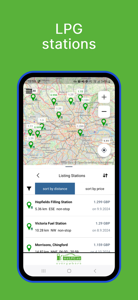 Kartenansicht und Liste von Propangas-Tankstellen mit Preisen in der myLPG-App