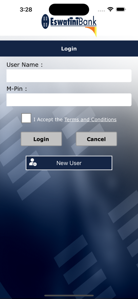 Login screen of the Eswatini Bank mobile app showing username and M-Pin input fields
