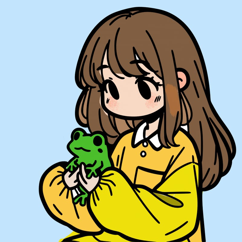 girl with long hair and a oversized shirt. and she is holding a frog