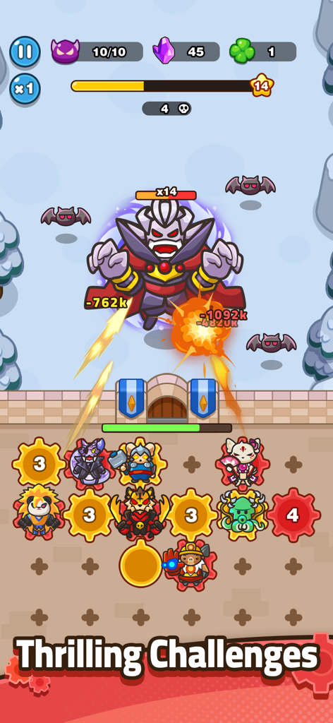Gameplay of GearPaw Defenders featuring cute animal heroes on gears attacking a large boss monster with high damage numbers.