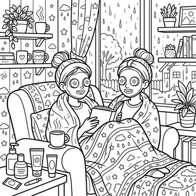 Unwind with our charming coloring page depicting a perfect rainy day self-care routine. Two friends enjoy relaxing facial masks, wrapped in cozy blankets, as rain falls softly outside.