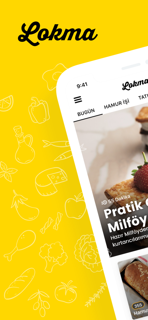 Lokma app home screen showing Turkish food recipes and categories on a yellow background with food icons