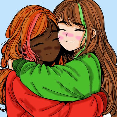 realistic two girls hugging