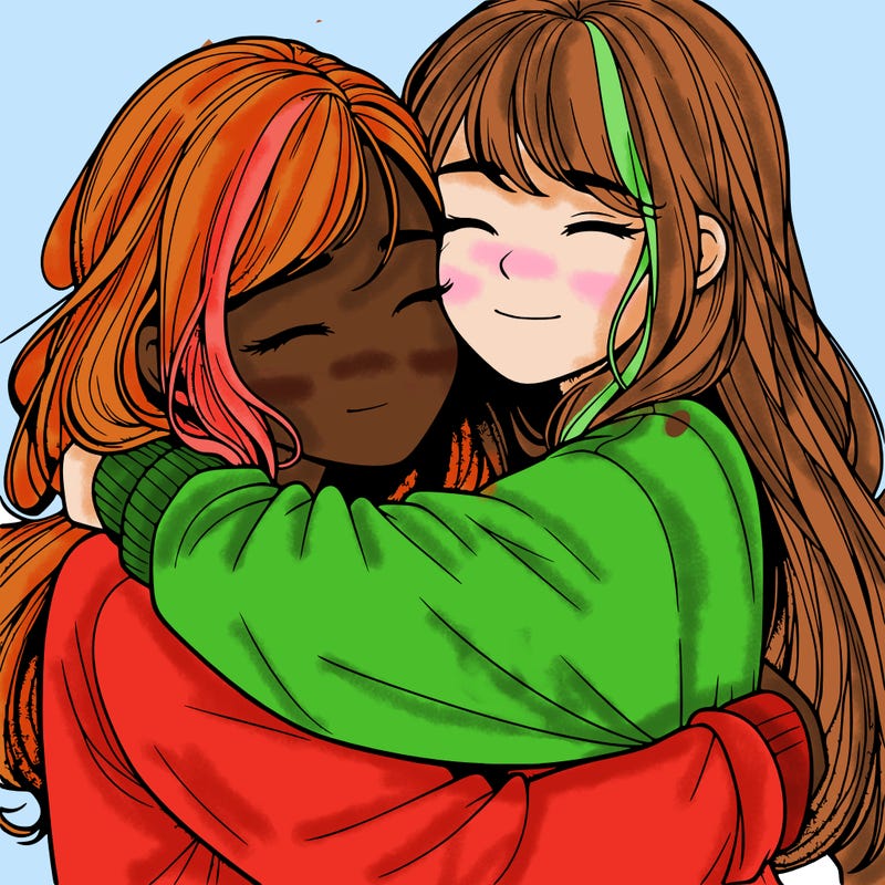 realistic two girls hugging