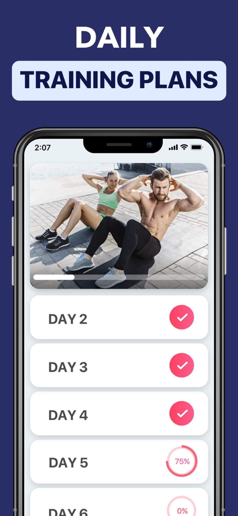 Daily training plans interface in the Lose Belly Fat at Home app showing a core workout video and progress tracking