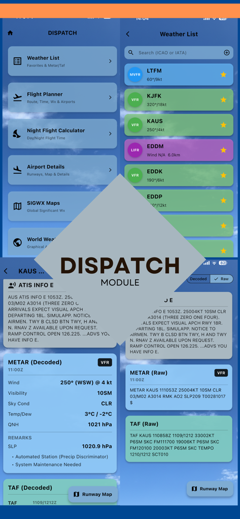 Interfaz de aplicación móvil para pilotos que muestra herramientas de despacho de vuelos e informes meteorológicos de aviación