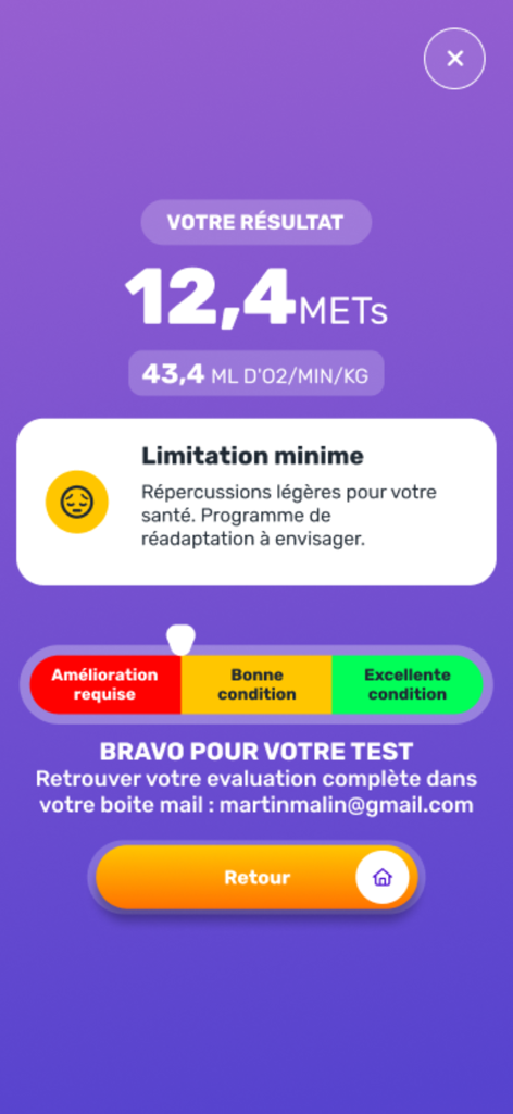 Metsup - Cardio Test - Metsup Cardio Test app results screen showing METs and VO2max data with a fitness assessment gauge