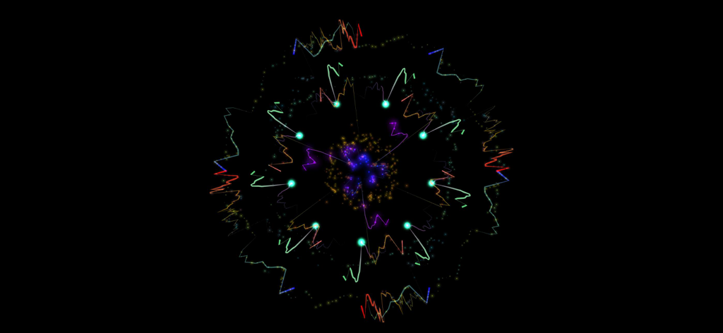 Una visualizzazione audio circolare con forme d'onda frastagliate colorate su sfondo nero.