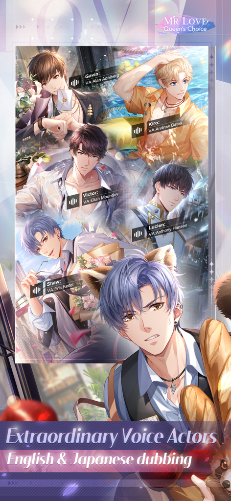 Mr Love: Queen's Choice - Collage of male characters with voice actor names for Mr Love Queens Choice