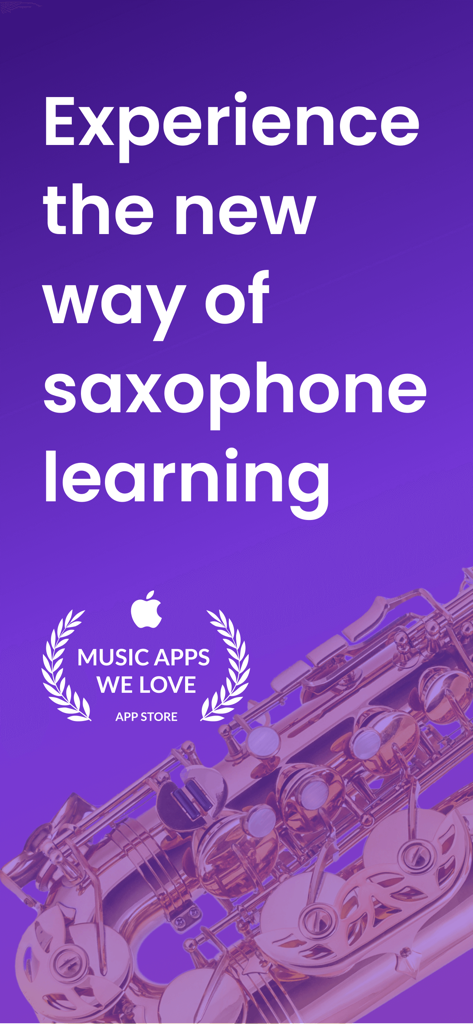 세련된 보라색 색소폰과 Apple Music Apps We Love 수상작이 특징인 Learn Saxophone tonestro 앱의 프로모션 그래픽입니다.