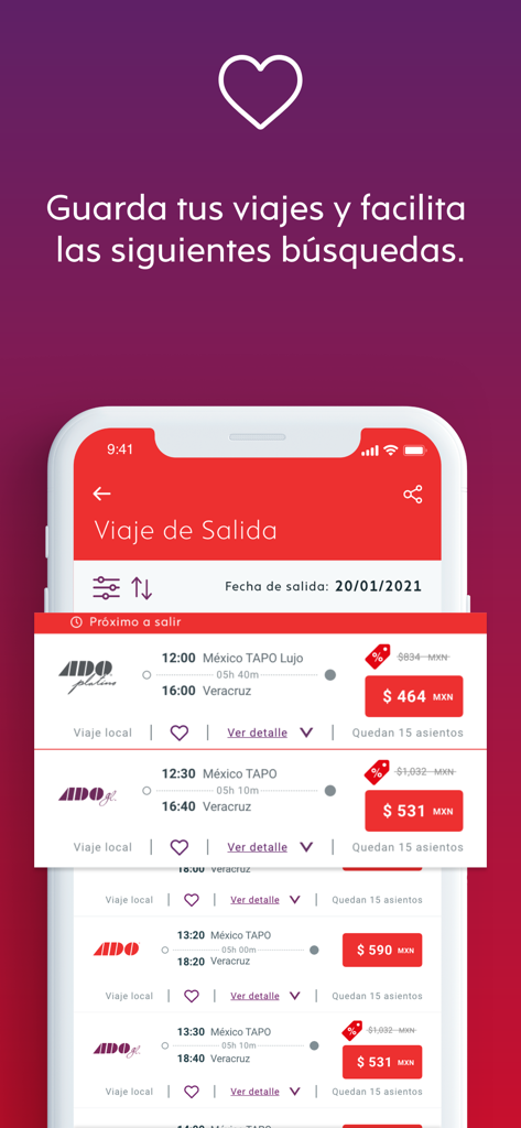 ADO - Boletos de Autobús - ADO mobile app screen showing bus trip search results and the option to save favorite routes