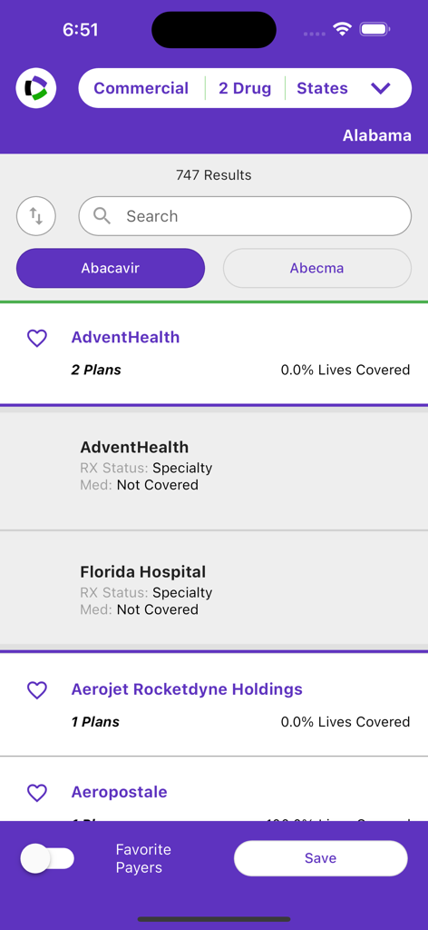 Interface do aplicativo Cobertura de Medicamentos na Ponta dos Dedos mostrando resultados de busca para planos de seguro de medicamentos e status de cobertura