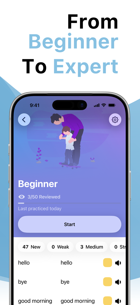 Learn English with LENGO - Pantalla de lección para principiantes de la aplicación LENGO con palabras de vocabulario en inglés