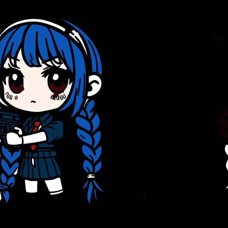 a girl with a gun and long blue braids