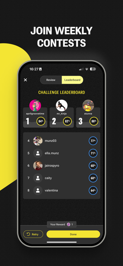 Groovetime - Social Dance Game - Pantalla de tabla de clasificación de la aplicación Groovetime que muestra clasificaciones y puntuaciones para un concurso de baile semanal.