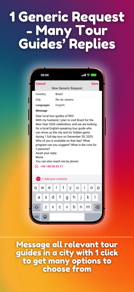 Private Guide World - Smartphone screen showing the Private Guide World app interface where a traveler sends a single request to multiple local tour guides in Rio de Janeiro