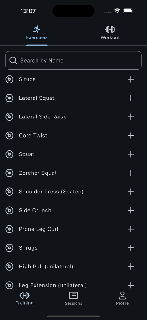 Exxentric 2.0 - Interfaz de la aplicación Exxentric 2.0 que muestra una lista de ejercicios de entrenamiento de cadencia, como sentadillas y elevaciones laterales, con opción de búsqueda.