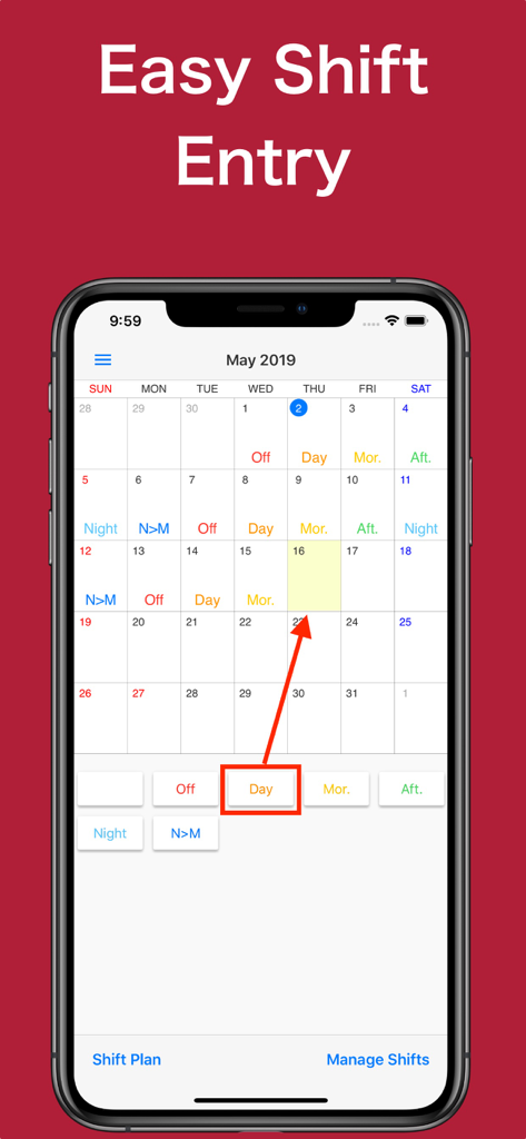 Shift Work Calendar Planner - Smartphone display showing easy shift entry on a monthly calendar in the Shift Work Calendar Planner app