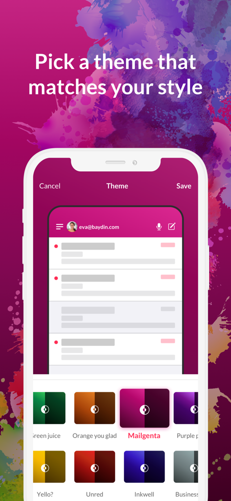 Email Client - Boomerang Mail - Boomerang Mail app interface showing custom color theme options