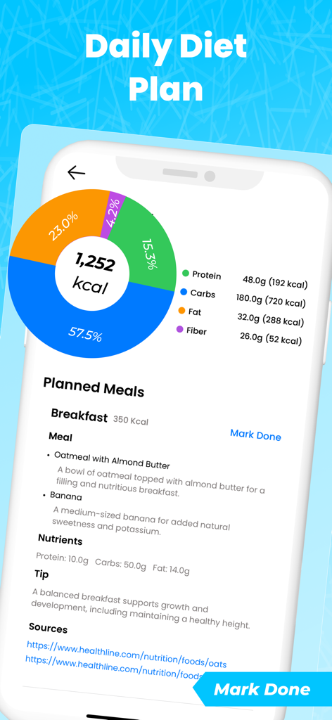 Tela do plano de dieta diária mostrando monitoramento de calorias e divisão de macronutrientes para crescimento de altura