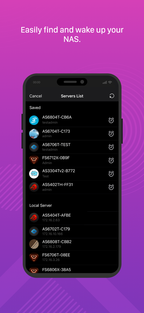 AiVideos - ASUSTOR NAS - The AiVideos app displaying a list of ASUSTOR NAS servers with options to find and wake them up.