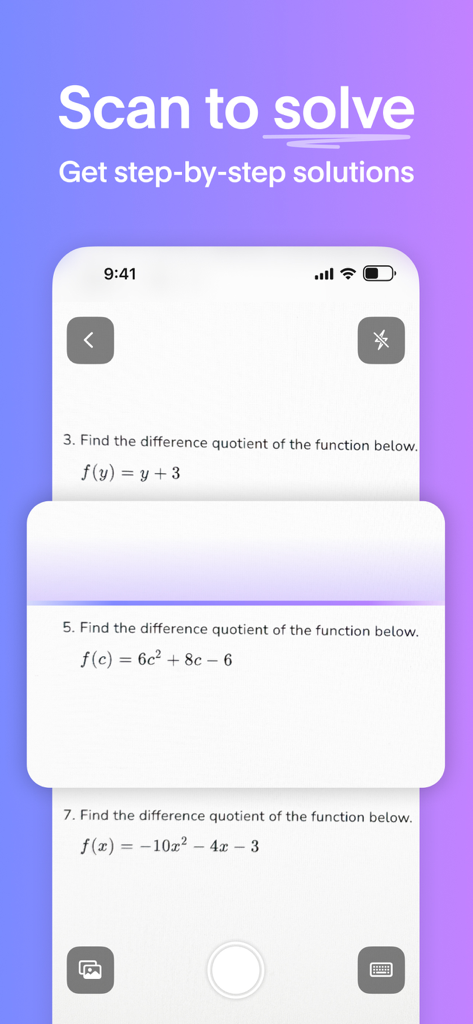 Atlas: AI Study Companion - Interface do aplicativo Atlas AI Study Companion escaneando um problema de matemática no papel para fornecer soluções passo a passo para a lição de casa.