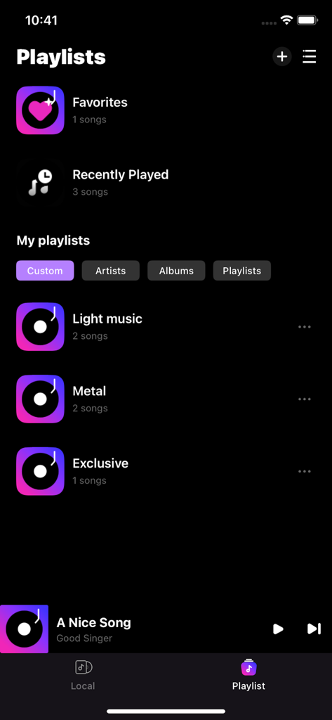 Music Echo-Offline Music - A screenshot of the Music Echo app showing the playlists library with categories for favorites recently played and custom lists like light music and metal