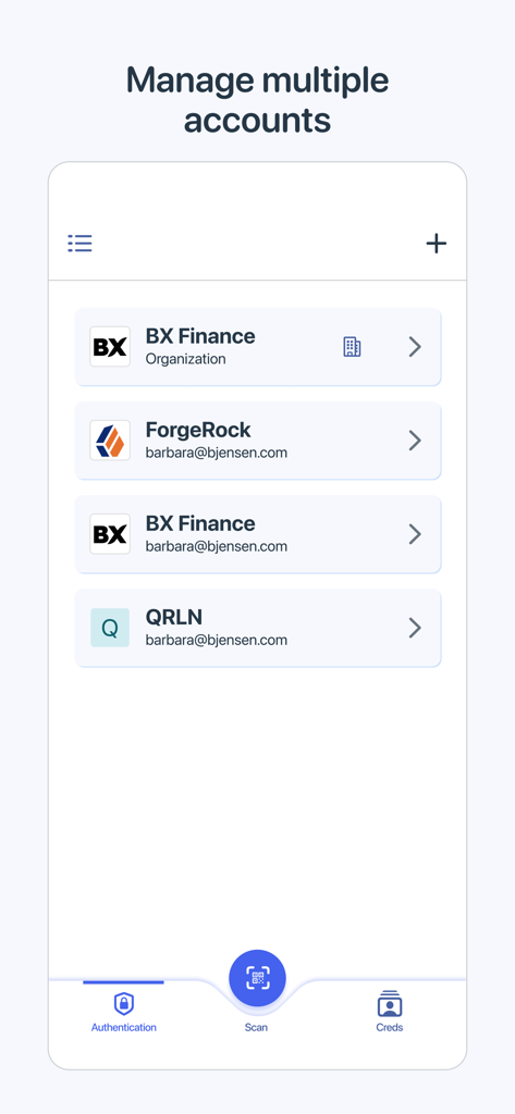PingID app interface showing a list of multiple corporate accounts for secure authentication